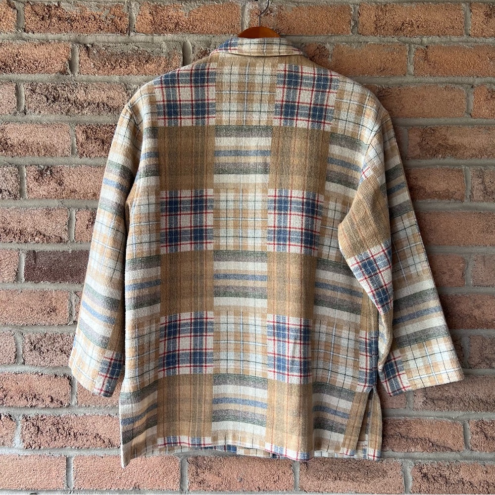 DALMYS | Cream, tan, & blue checked plaid rare vintage shacket jacket coat - Picture 5 of 12